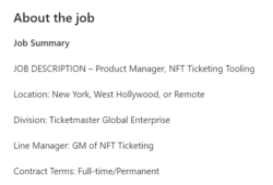 آگهی استخدام Ticketmaster برای مدیر محصول فروش بلیط NFT منبع: LinkedIn