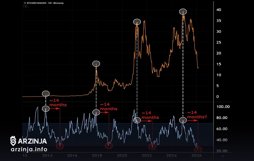 نمودار نسبت بیت کوین به طلا و تکرار چرخههای تاریخی